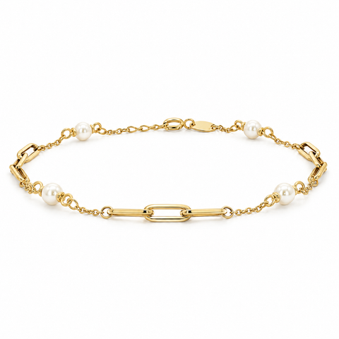 9ct Yellow Gold Paperclip & Pearl Bracelet - alternate view