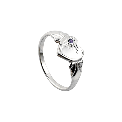 Sterling Silver Single Heart Feb Birthstone Signet Ring Size F