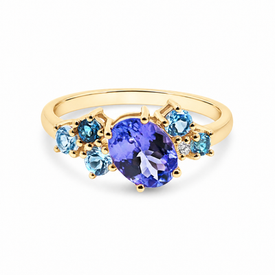 9ct Yellow Gold Multi Blue Coloured Stone Dress Ring