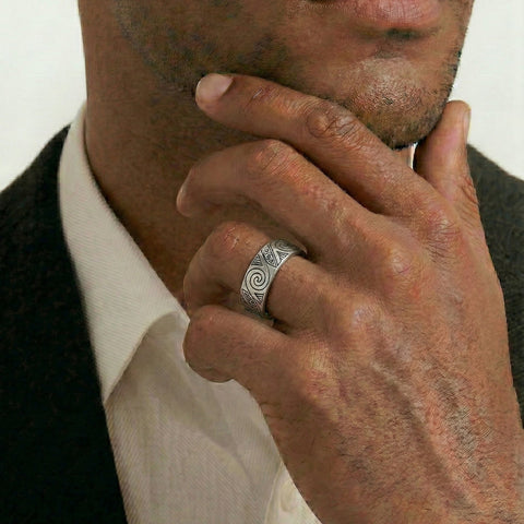 Men's Sterling Silver Tribal Pattern Wedding Ring - alternate view