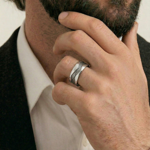 Men's Sterling Silver & Titanium Patterned Wedding Ring - alternate view