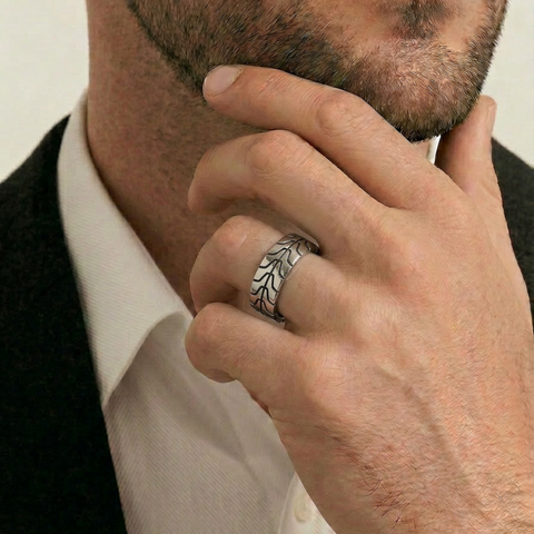 Men's Sterling Silver Oxidised Patterned Ring With Polished Finish - alternate view