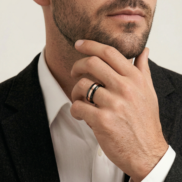 9ct Rose Gold & Black Zirconium Polished Men's Wedding Ring - alternate view