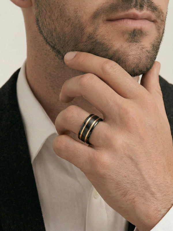 9ct Yellow Gold & Black Zirconium Men's Wedding Ring - alternate view