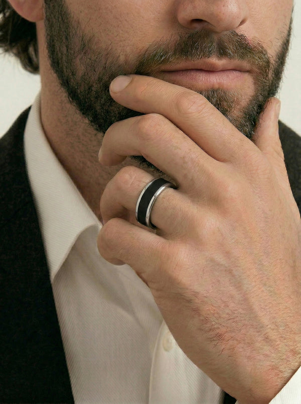 Sterling Silver & Black Zirconia Concave Men's Wedding Ring - alternate view