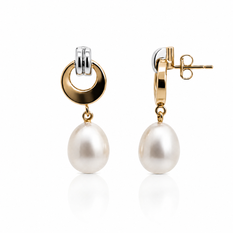 9ct Two Tone Freshwater Pearl Drop Earrings
