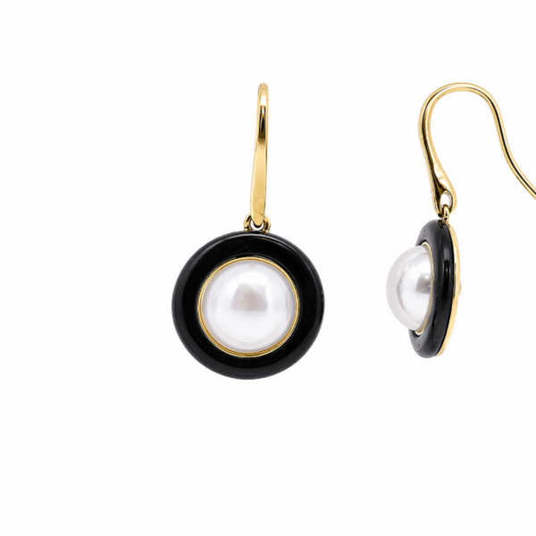 9ct Yellow Gold Pearl And Black Onyx Earrings