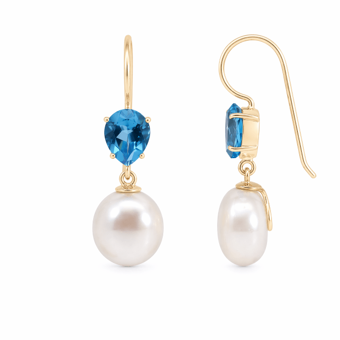 9ct Yellow Gold Freshwater Pearl and Topaz Drop Earrings