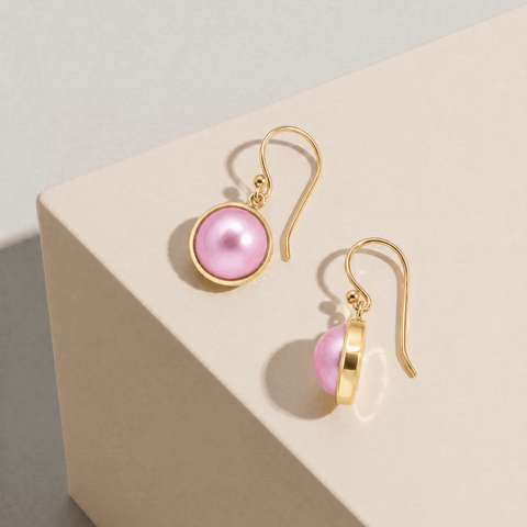 9ct Yellow Gold Pink Mabe Pearl Drop Earrings - alternate view
