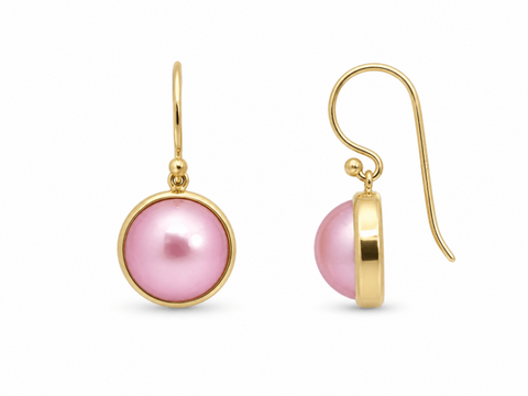 9ct Yellow Gold Pink Mabe Pearl Drop Earrings