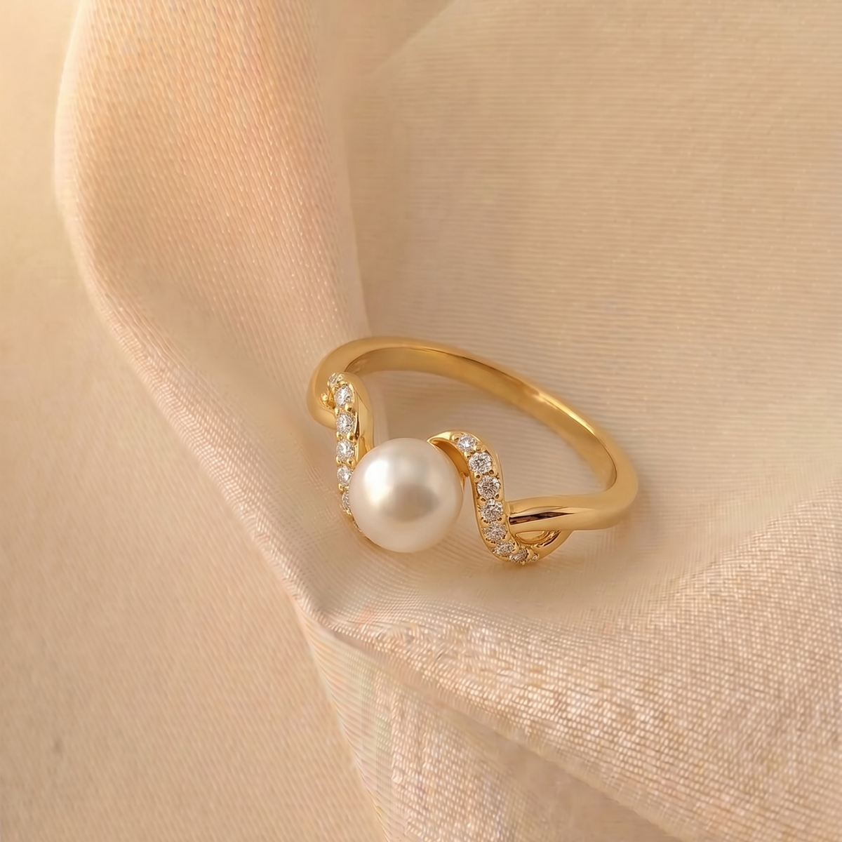 10ct Yellow Gold Pearl and Diamond Swirl Ring