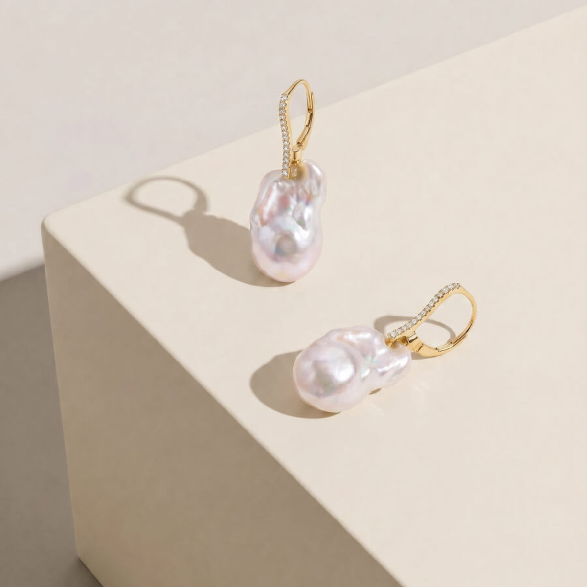 14ct Yellow Gold Baroque Pearl and Diamond Drop Earring
