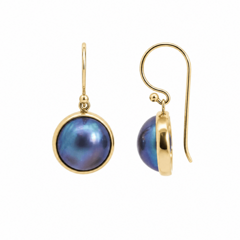 9ct Yellow Gold Blue Mabe Pearl Drop Earrings