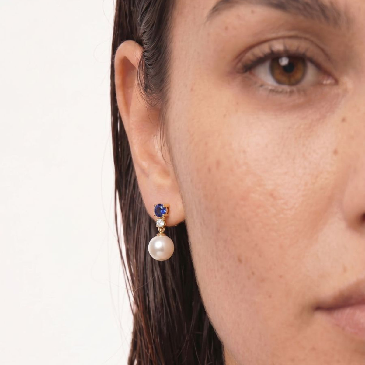 9ct Yellow Gold Sapphire, Pearl And Diamond Stud Drop Earring