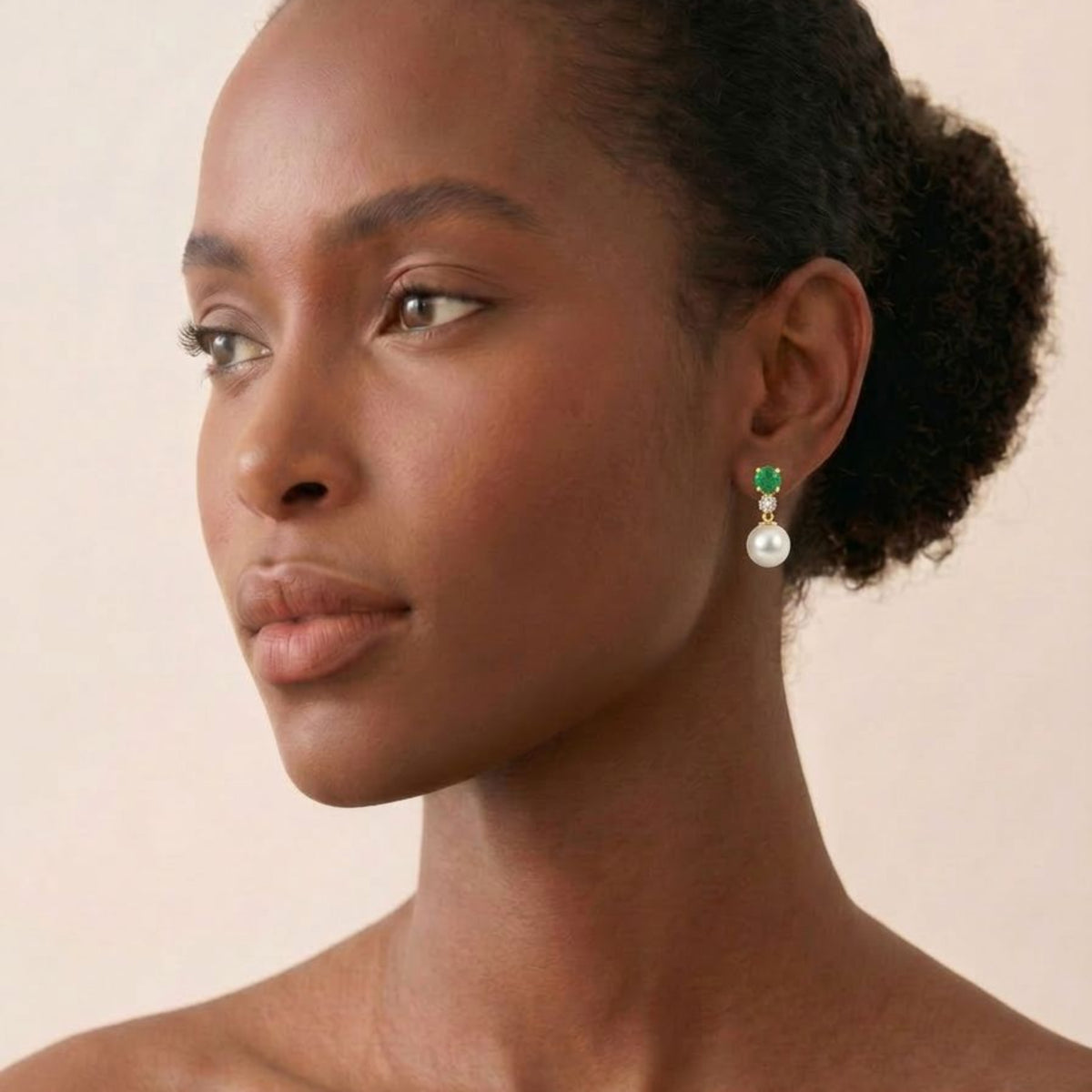 9ct Yellow Gold Emerald, Pearl And Diamond Drop Earrings