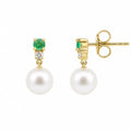 9ct Yellow Gold Emerald, Pearl And Diamond Drop Earrings