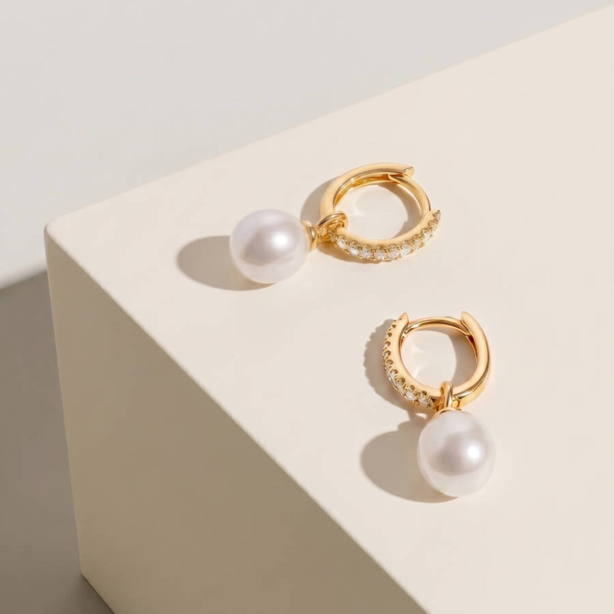 9ct Yellow Gold Diamond Huggies With Freshwater Pearl Drop