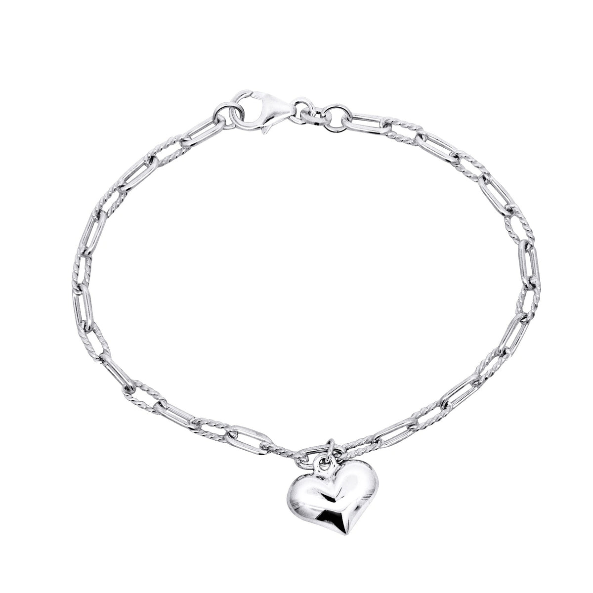 Sterling Silver Twist And Plain Oval Link Bracelet With Puff Heart Charm