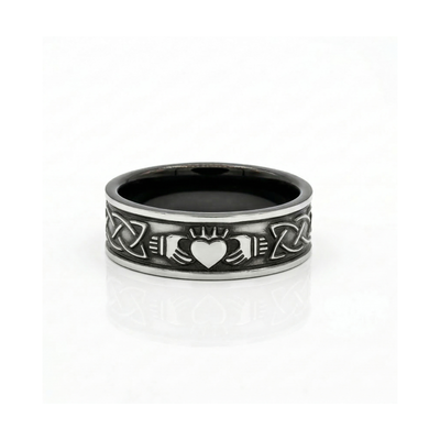 Men's Black Zirconium Wedding Ring With Claddagh & Celtic Pattern