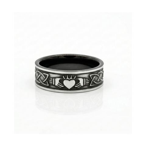 Men's Black Zirconium Wedding Ring With Claddagh & Celtic Pattern