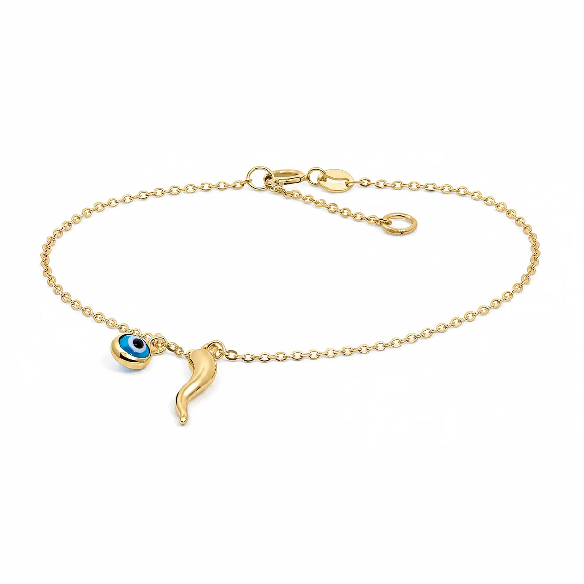 9ct Yellow Gold Bracelet With Evil Eye & Horn Of Plenty Charm