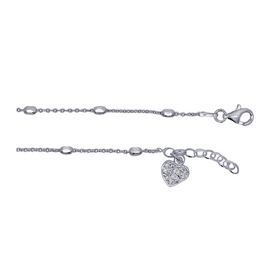 Sterling Silver Cable Chain Anklet With Beads & Cubic Zirconia Hanging Heart - alternate