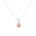 Sterling Silver Pink Enamel Owl With Hearts Necklace