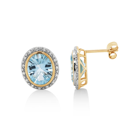 9ct Yellow Gold Oval Blue Topaz & Diamond Earrings - alternate view