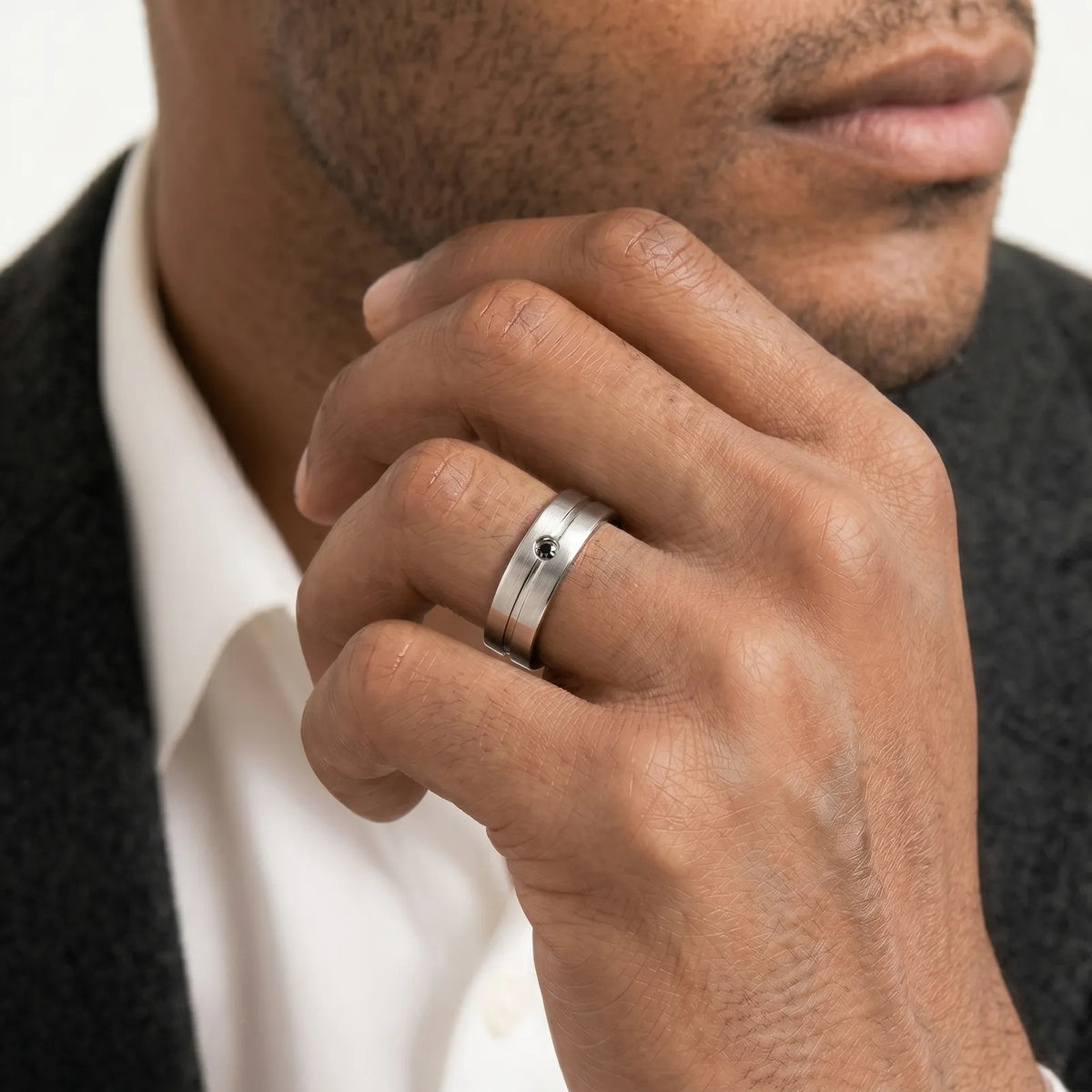 Men's Titanium And Black Diamond Ridge Wedding Ring