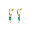 Yellow Gold Plated Hoops With Emerald Stone Drop And Round Cubic Zirconia