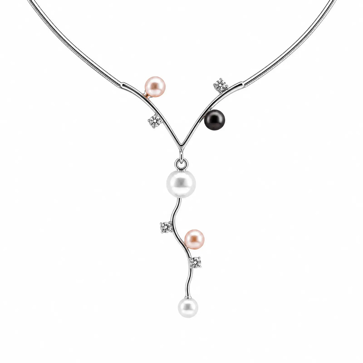9ct White Gold Pearl & Cubic Zirconia Vine Necklace