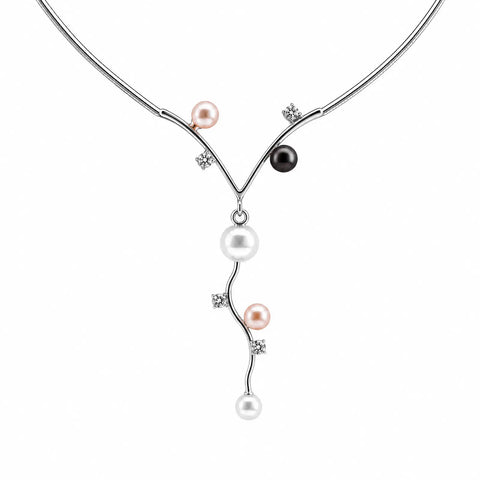 9ct White Gold Pearl & Cubic Zirconia Vine Necklace