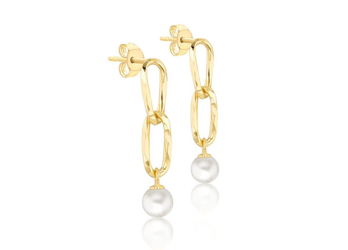 9ct Yellow Gold Double Twisted Paperclip Pearl Drop Earring