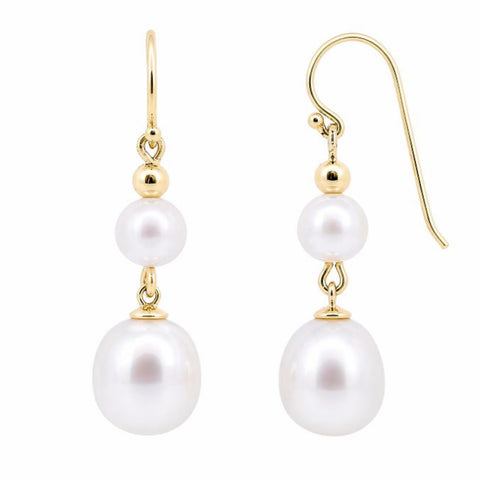 9ct Yellow Gold Double Freshwater Pearl Drop Earrings