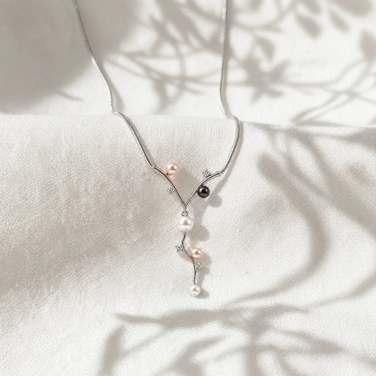 9ct White Gold Pearl & Cubic Zirconia Vine Necklace