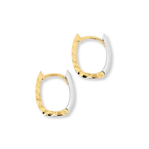 9ct Italian Two Tone Diamond Cut Oval Hoop Huggie Earrings