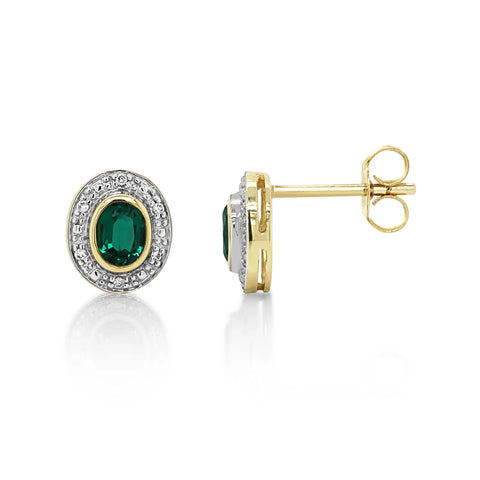 9ct Yellow Gold Biron Emerald & Diamond Earrings