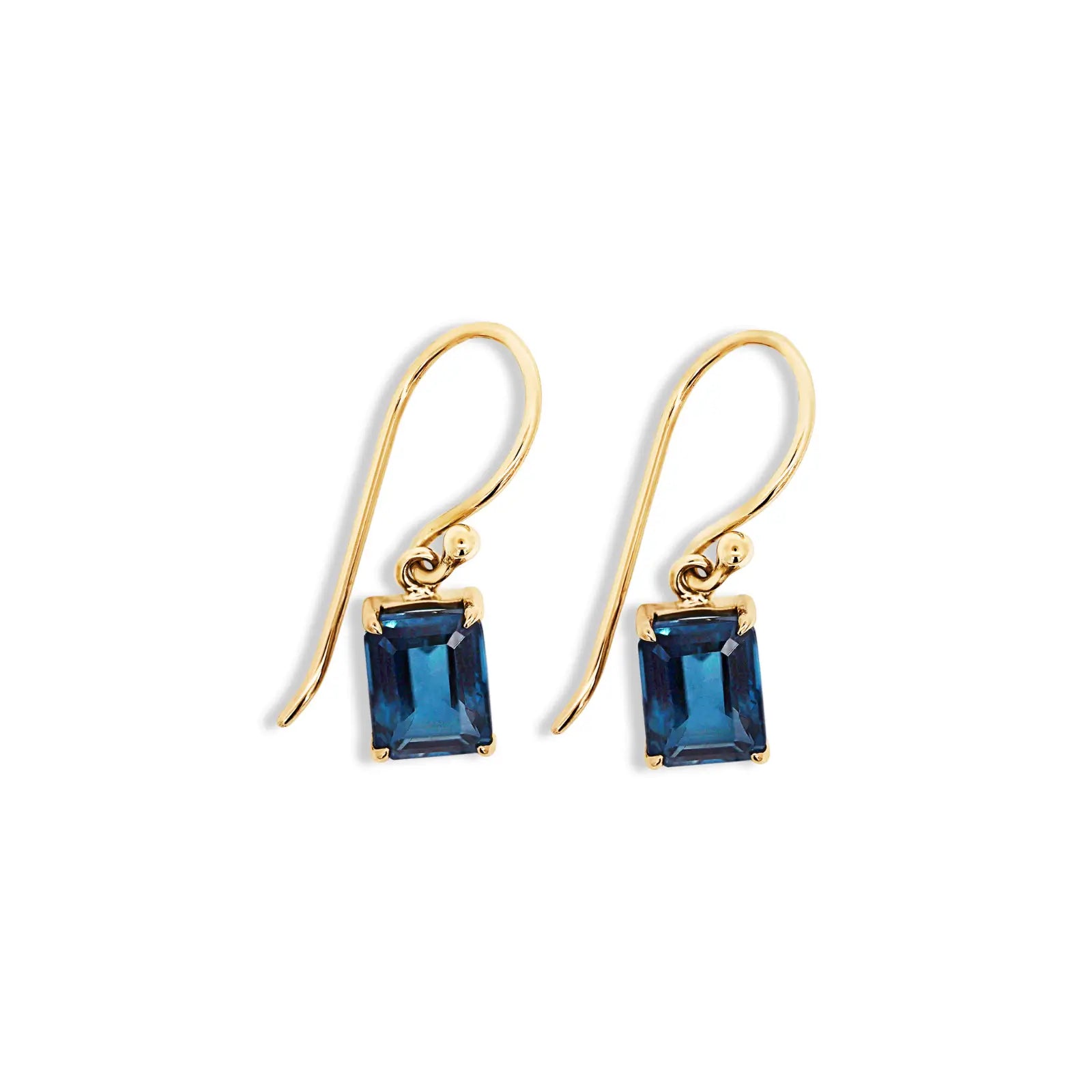 9ct Yellow Gold Emerald Cut London Blue Drop Earrings