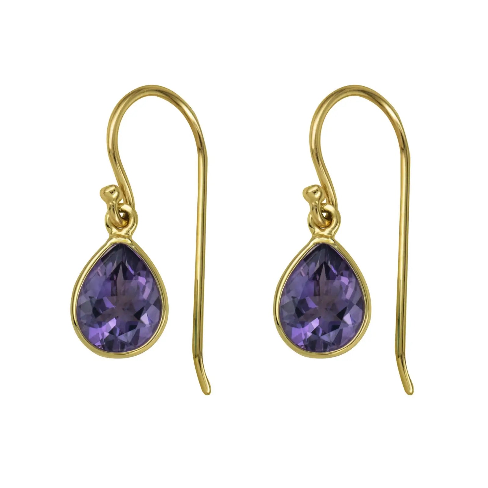 9ct Yellow Gold Natural Amethyst Teardrop Hook Earrings
