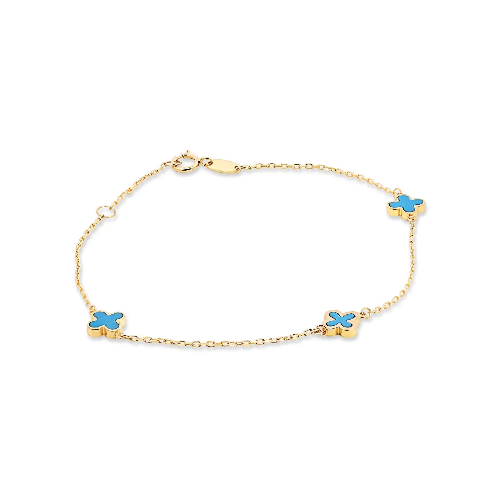 9ct Italian Yellow Gold Fine Cable Bracelet With Blue Enamel Four Leaf Clover