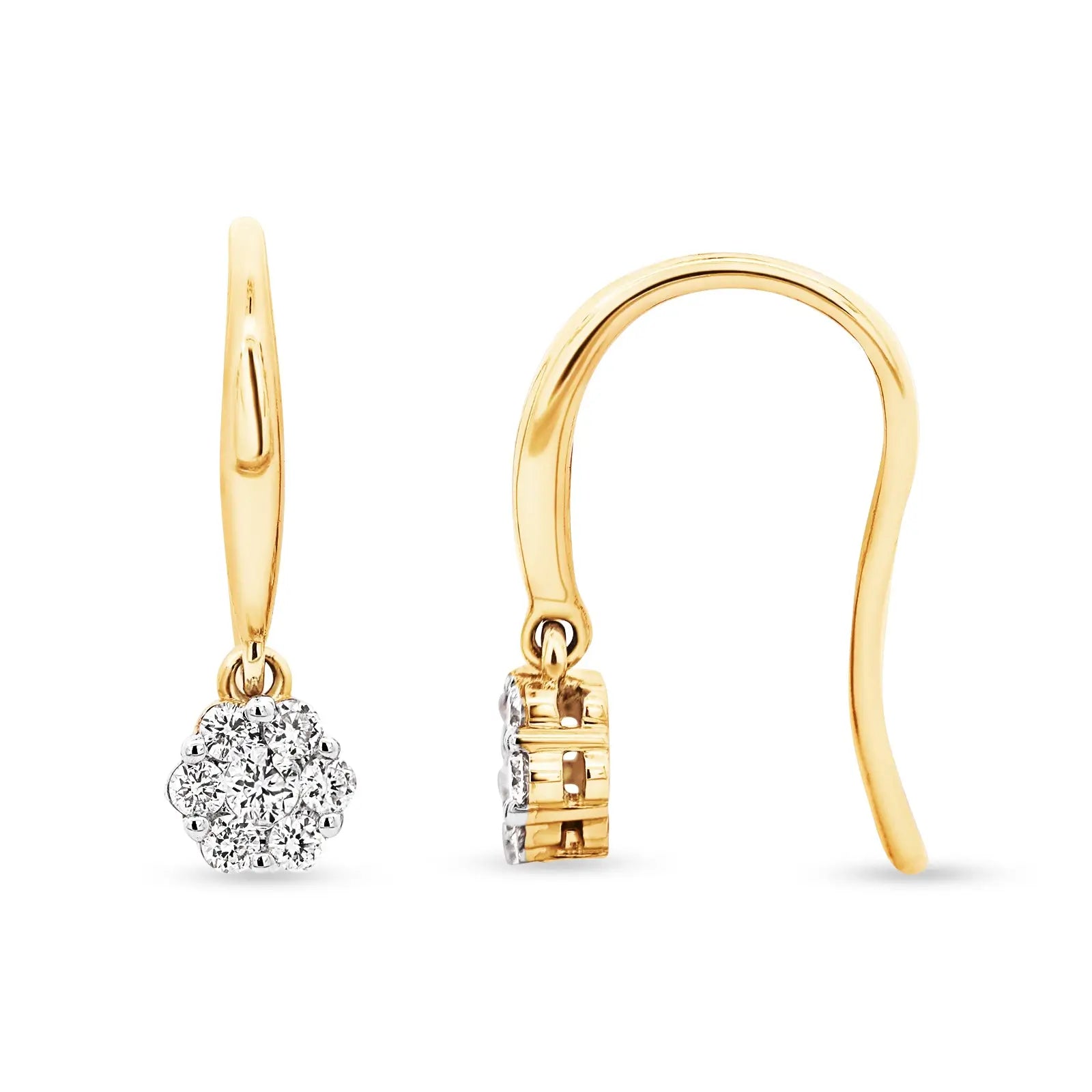 9ct Yellow Gold Diamond Cluster Flower Drop Earrings