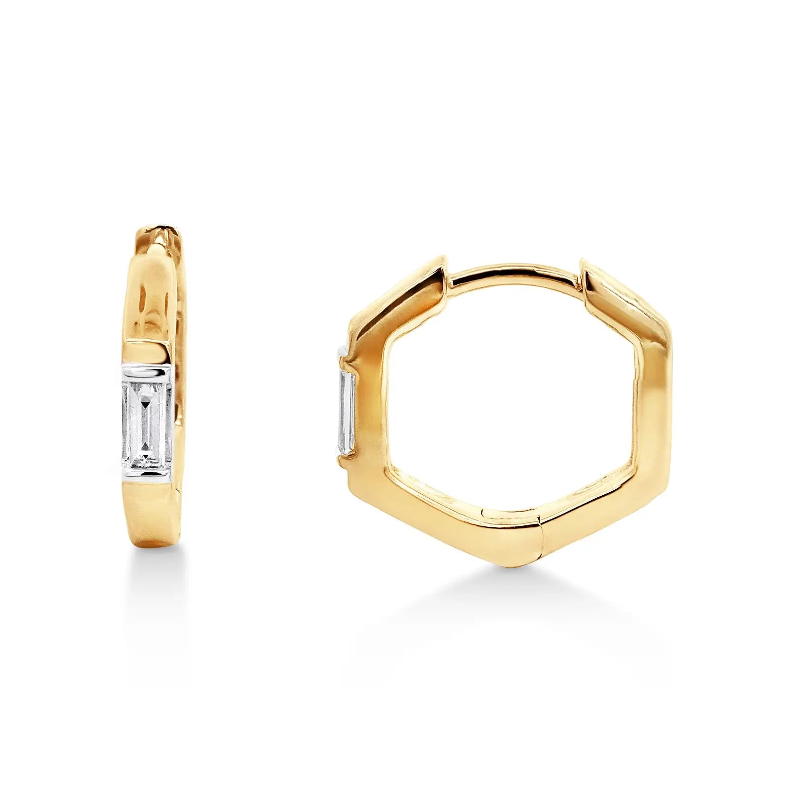 9ct Yellow Gold Heptagon Huggie Earring With Lab Grown Baguette