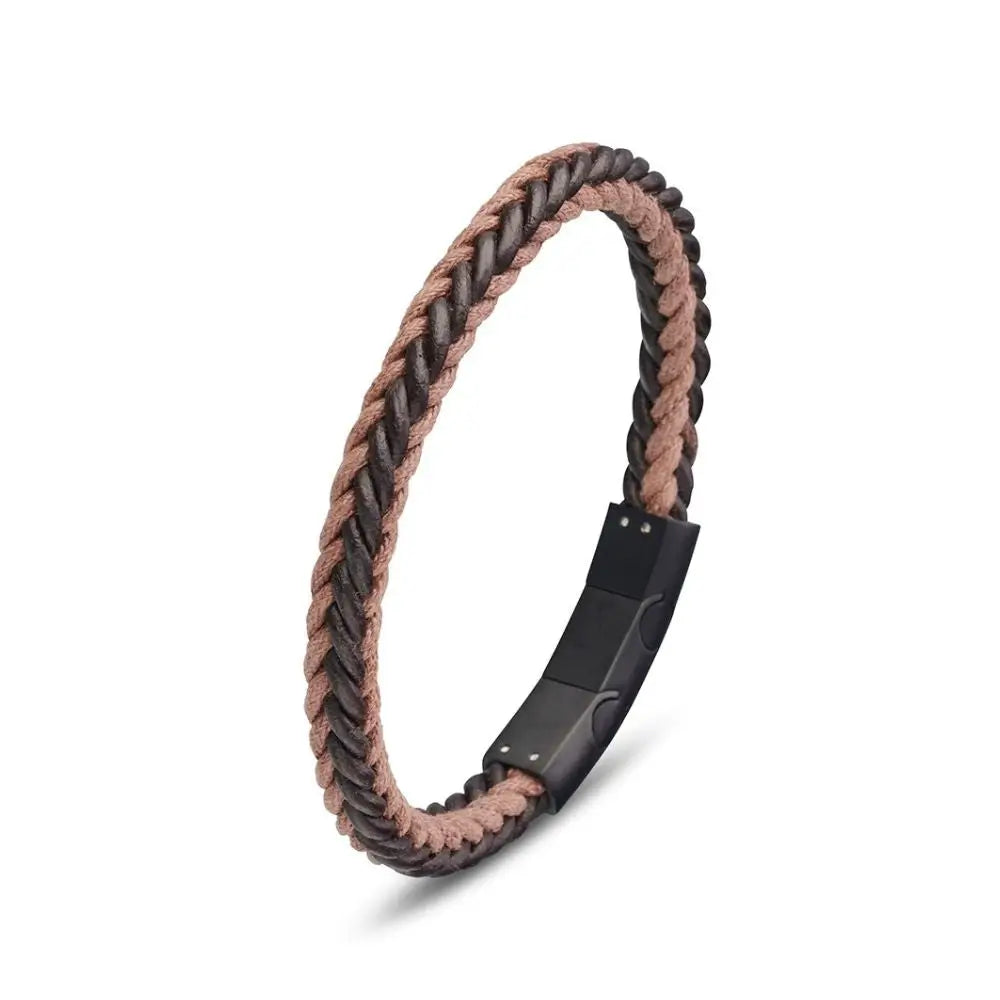 Men’s Brown and Black Rustic Leather Bracelet With Stainless Steel Clasp