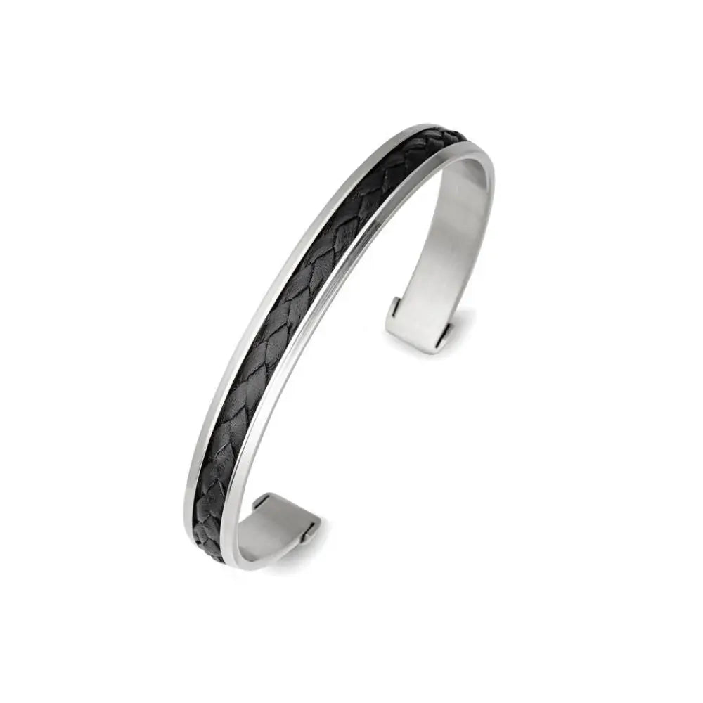 Men's Stainless Steel & Black Woven Leather Cuff Bracelet