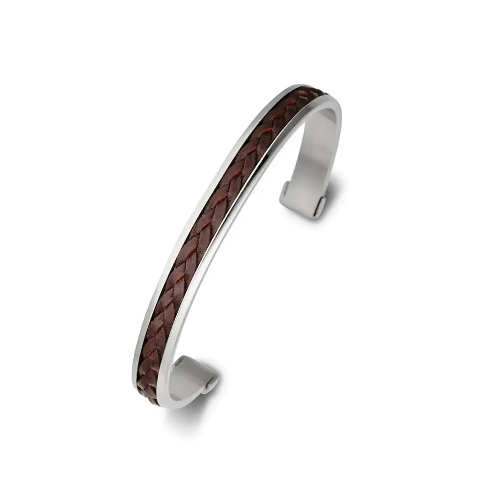 Men’s Stainless Steel Cuff Bracelet With Brown Leather Detail