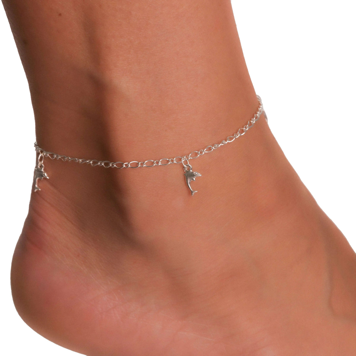 Sterling Silver Oval Figaro Anklet With Hanging Dolphins
