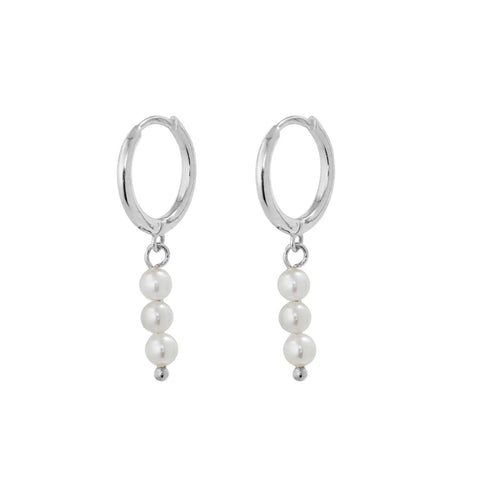 Sterling Silver Huggie Earrings With 3 Single Pearl Drop