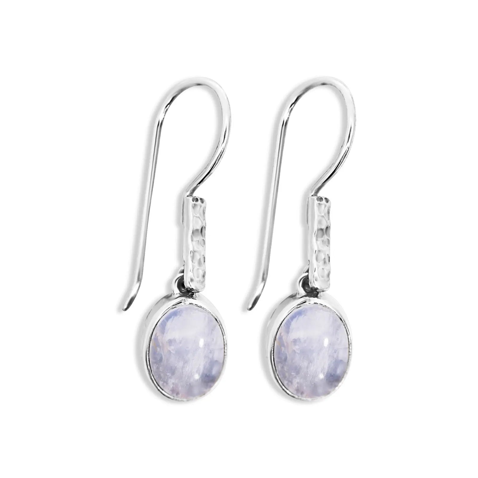 Sterling Silver Oval Bezel Set Moonstone Drop Earring With Beaten Bar
