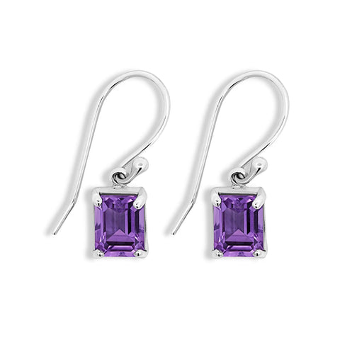 Sterling Silver Square Emerald Cut Amethyst Drop Earrings