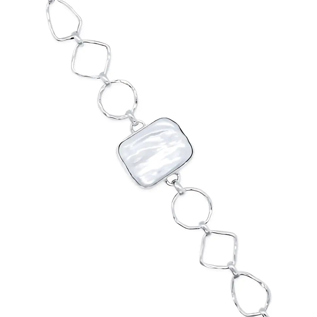 Sterling Silver Hammered Finish Link Biwa Pearl Bracelet